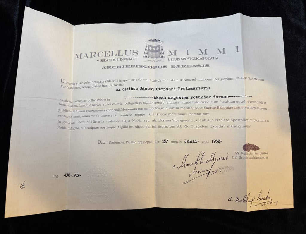 Full view of the 1952 Bari certificate for the Saint Stephen the Protomartyr relic