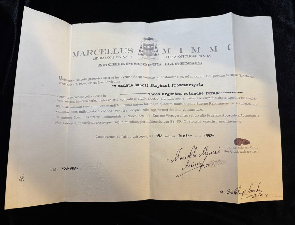 Full view of the 1952 Bari certificate for the Saint Stephen the Protomartyr relic