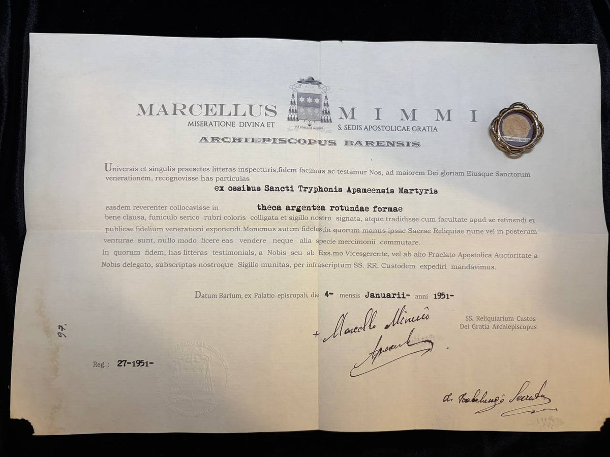 1951 ecclesiastical certificate of Archbishop Marcellus Mimmi of Bari for the relic of Saint Tryphon of Apamea, with the theca