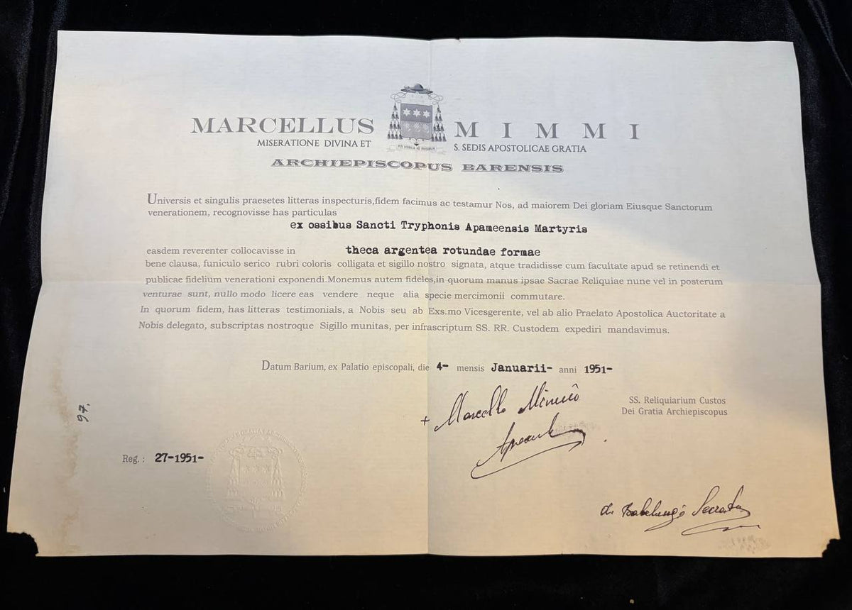 Full view of the 1951 Bari certificate for the Saint Tryphon of Apamea relic, signed and sealed