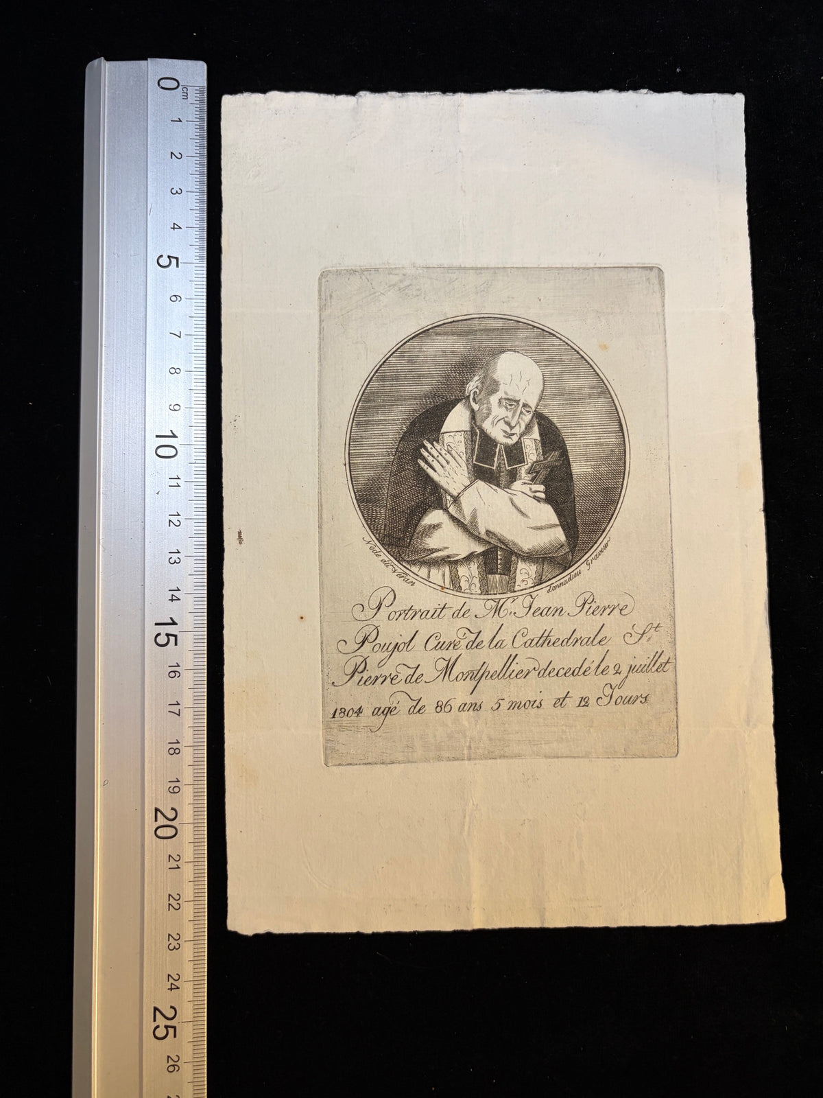 1804 Poujol portrait etching next to a ruler showing its size, sheet about 15 x 24.5 cm