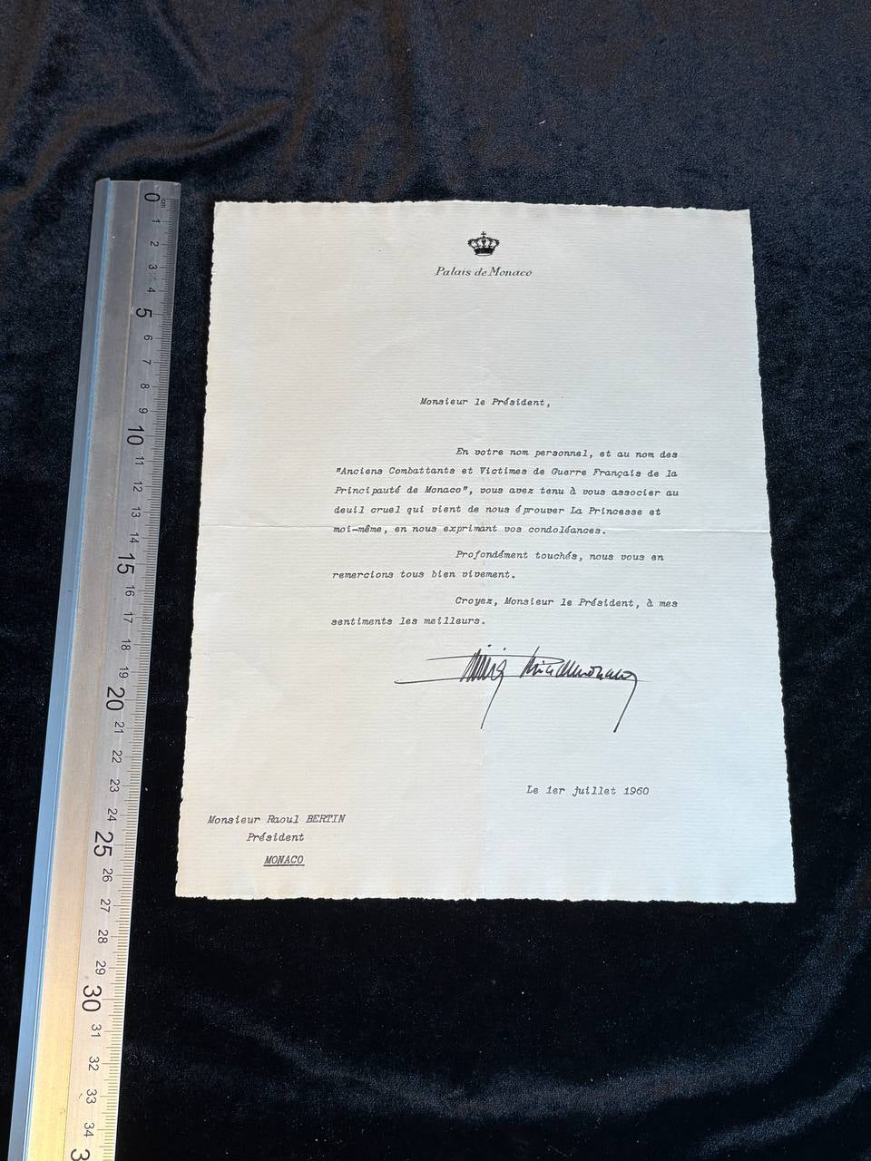 Prince Rainier III Monaco Signed Letter 1960  Palais de Monaco Royal Autograph