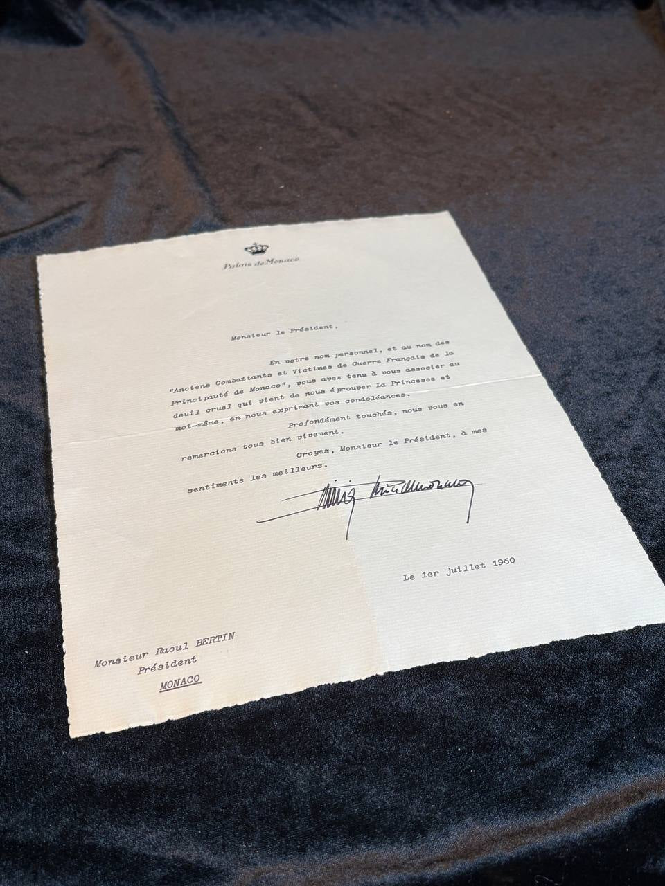 Prince Rainier III Monaco Signed Letter 1960  Palais de Monaco Royal Autograph