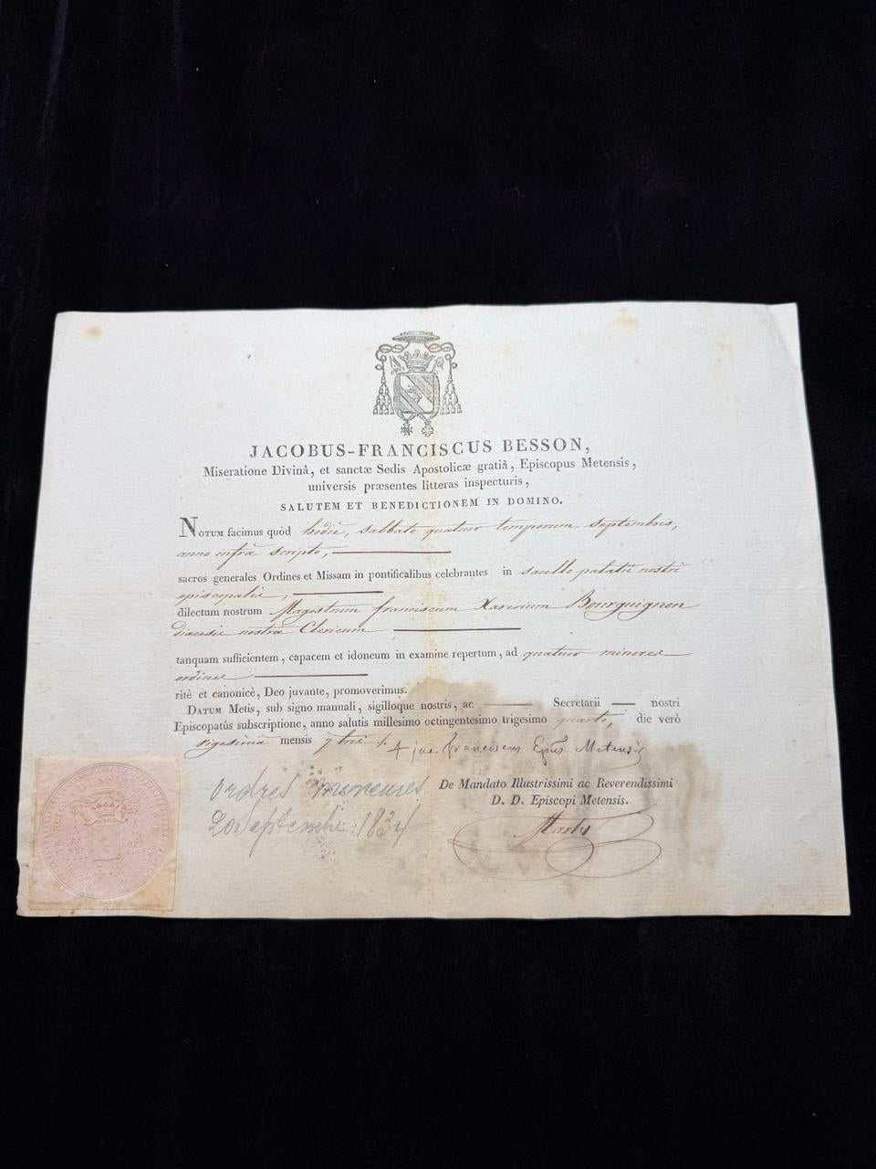 Rare 1834 Catholic Ecclesiastical Ordination Document Bishop Jacobus-Franciscus Besson – Diocese of Metz – Embossed Seal