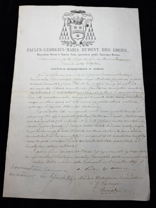 Rare 1847 Catholic Episcopal Appointment Document Bishop Dupont des Loges – Diocese of Metz – Embossed Seal