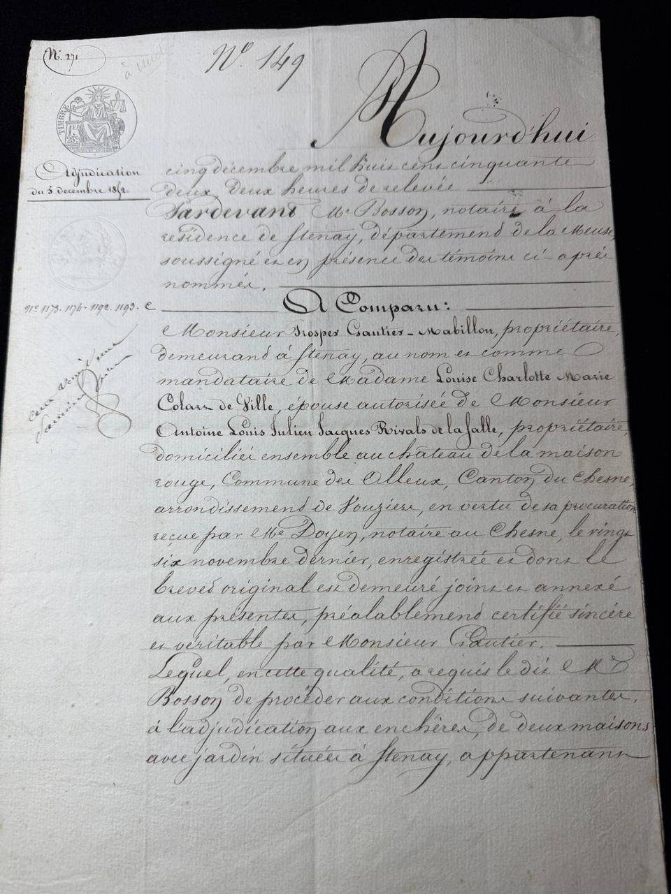 Rare French Notarial Document Property Auction Act – Meuse Department