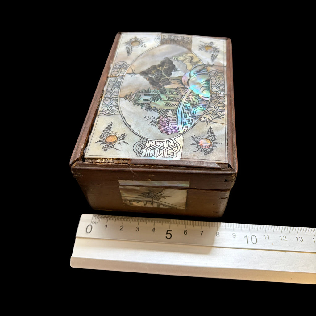 Antique Carved Shell Mother of Pearl Inlay Wood Trinket Box Chinoiserie