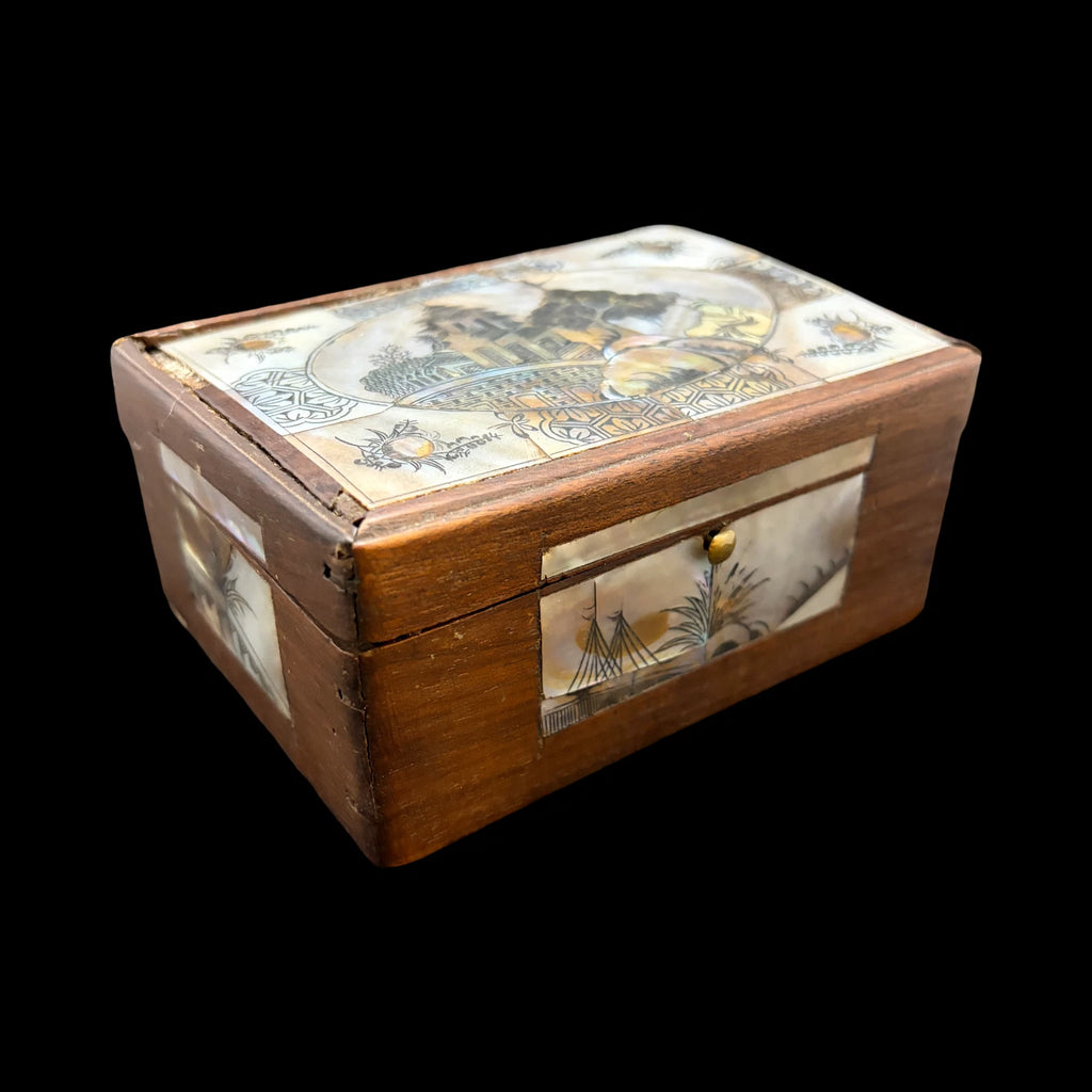 Antique Carved Shell Mother of Pearl Inlay Wood Trinket Box Chinoiserie