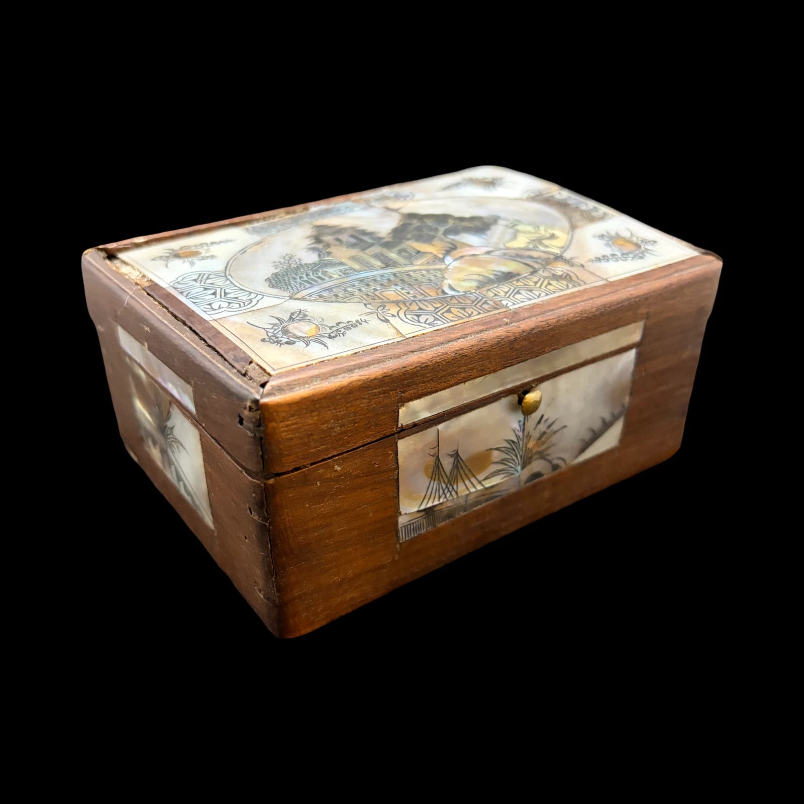 Antique Carved Shell Mother of Pearl Inlay Wood Trinket Box Chinoiserie