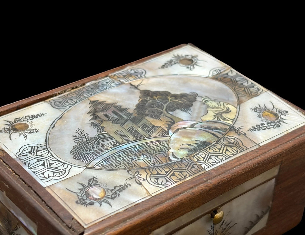 Antique Carved Shell Mother of Pearl Inlay Wood Trinket Box Chinoiserie