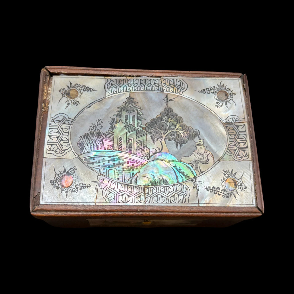 Antique Carved Shell Mother of Pearl Inlay Wood Trinket Box Chinoiserie