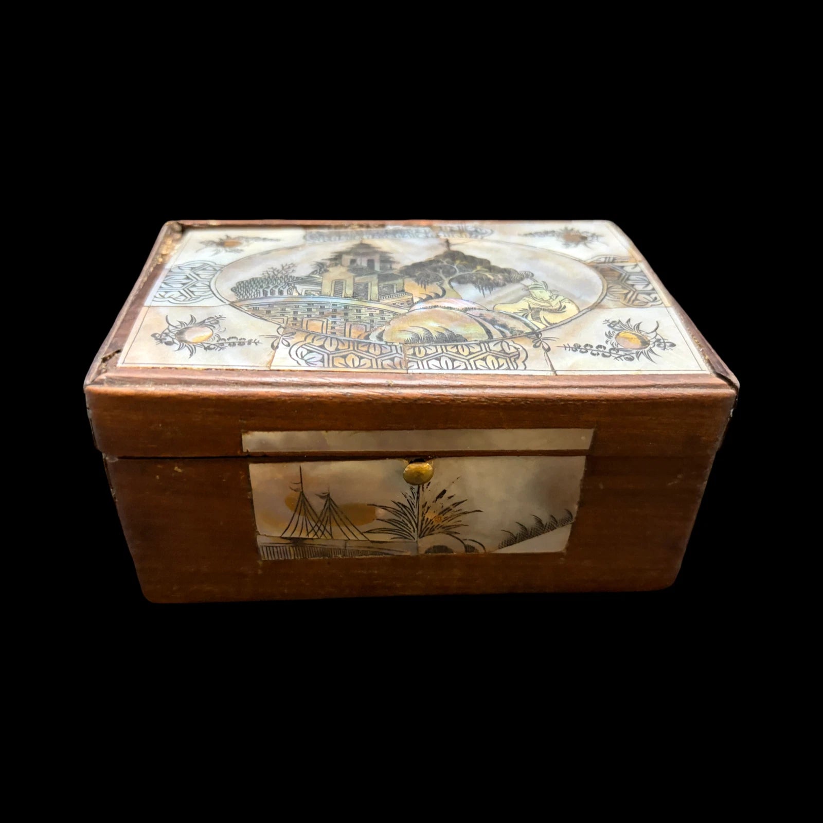 Antique Carved Shell Mother of Pearl Inlay Wood Trinket Box Chinoiserie