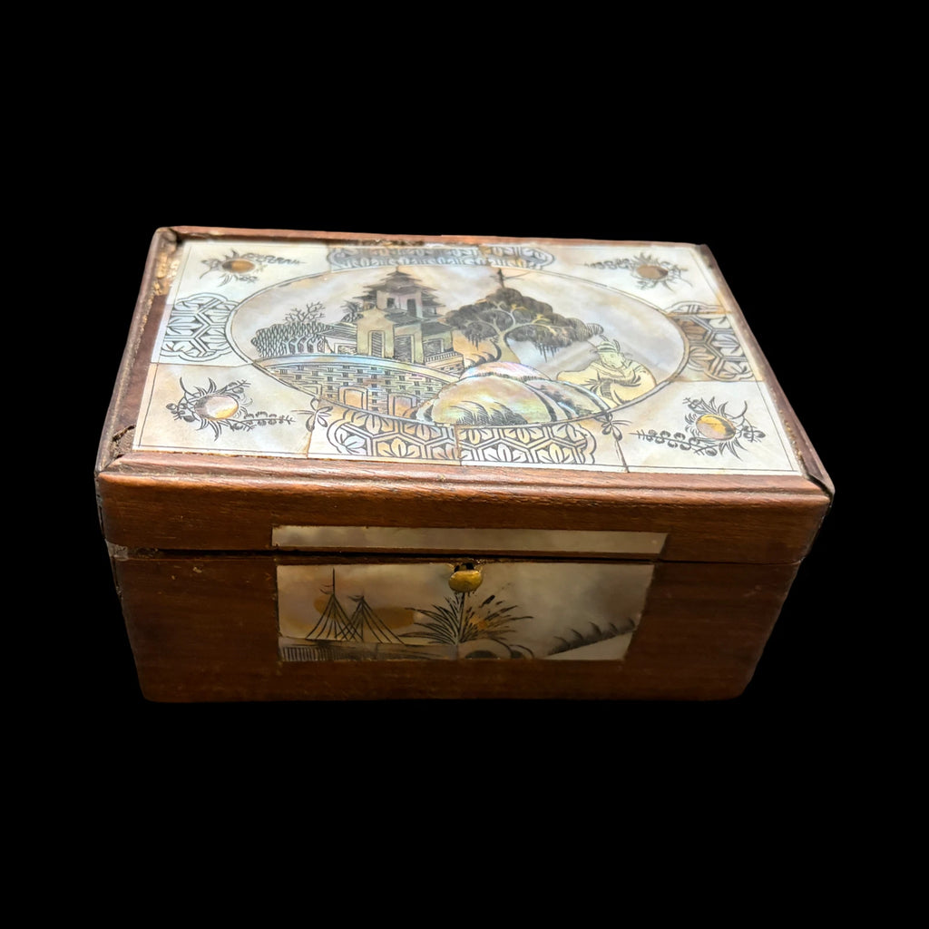 Antique Carved Shell Mother of Pearl Inlay Wood Trinket Box Chinoiserie