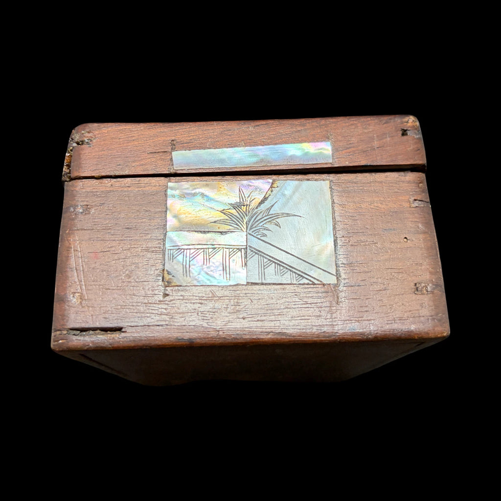 Antique Carved Shell Mother of Pearl Inlay Wood Trinket Box Chinoiserie