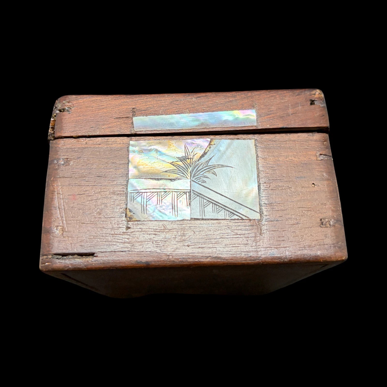 Antique Carved Shell Mother of Pearl Inlay Wood Trinket Box Chinoiserie