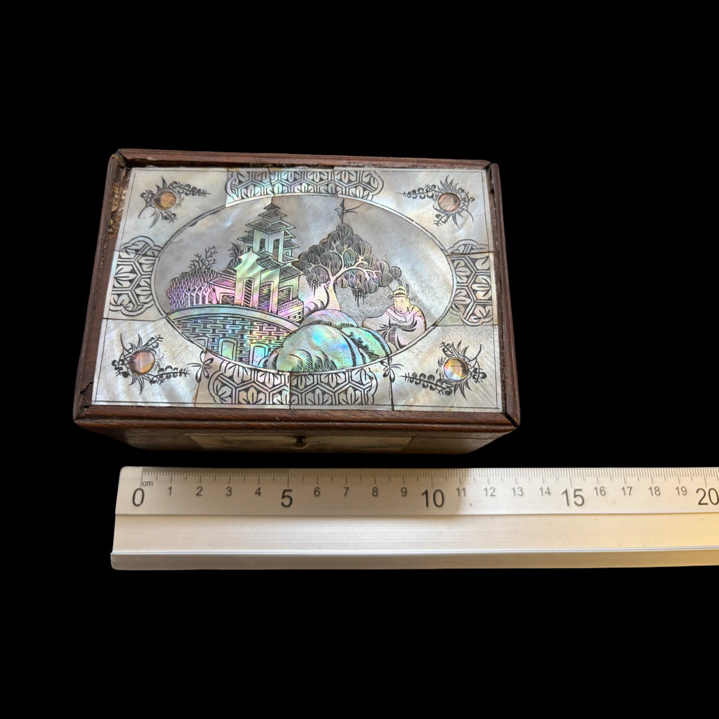 Antique Carved Shell Mother of Pearl Inlay Wood Trinket Box Chinoiserie