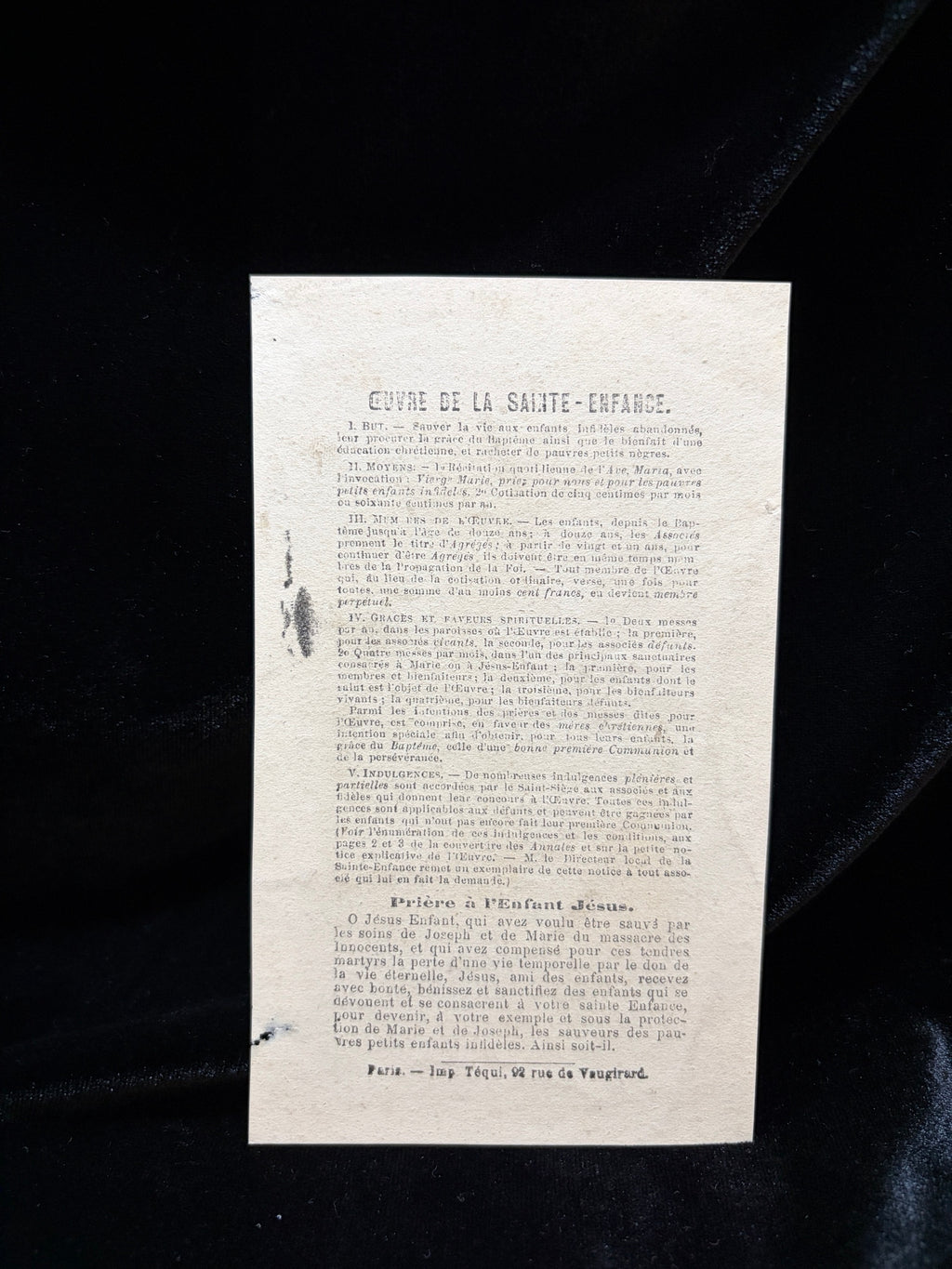 Reverse of the Sainte Enfance certificate with the printed rules of the Holy Childhood Association and a prayer to the Child Jesus, Tequi Paris