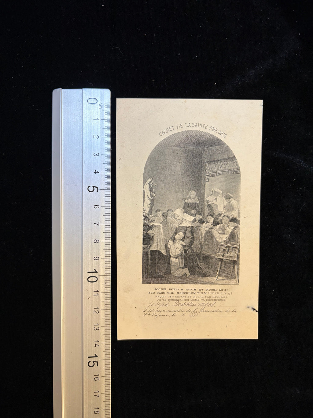 1895 Sainte Enfance certificate next to a ruler showing its size, about 8.5 x 13.9 cm