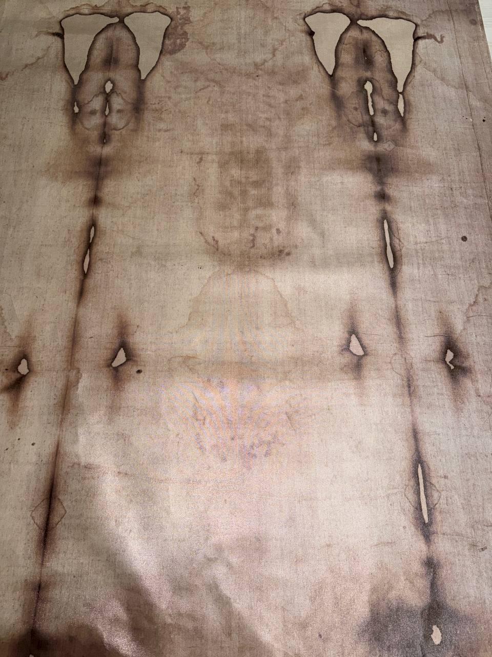 Close-up of the reproduced figure on the Holy Shroud of Turin linen textile